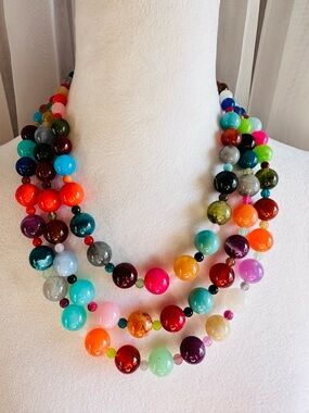 Colorful 3 Strand Vintage Inspired Adjustable Beaded Necklace